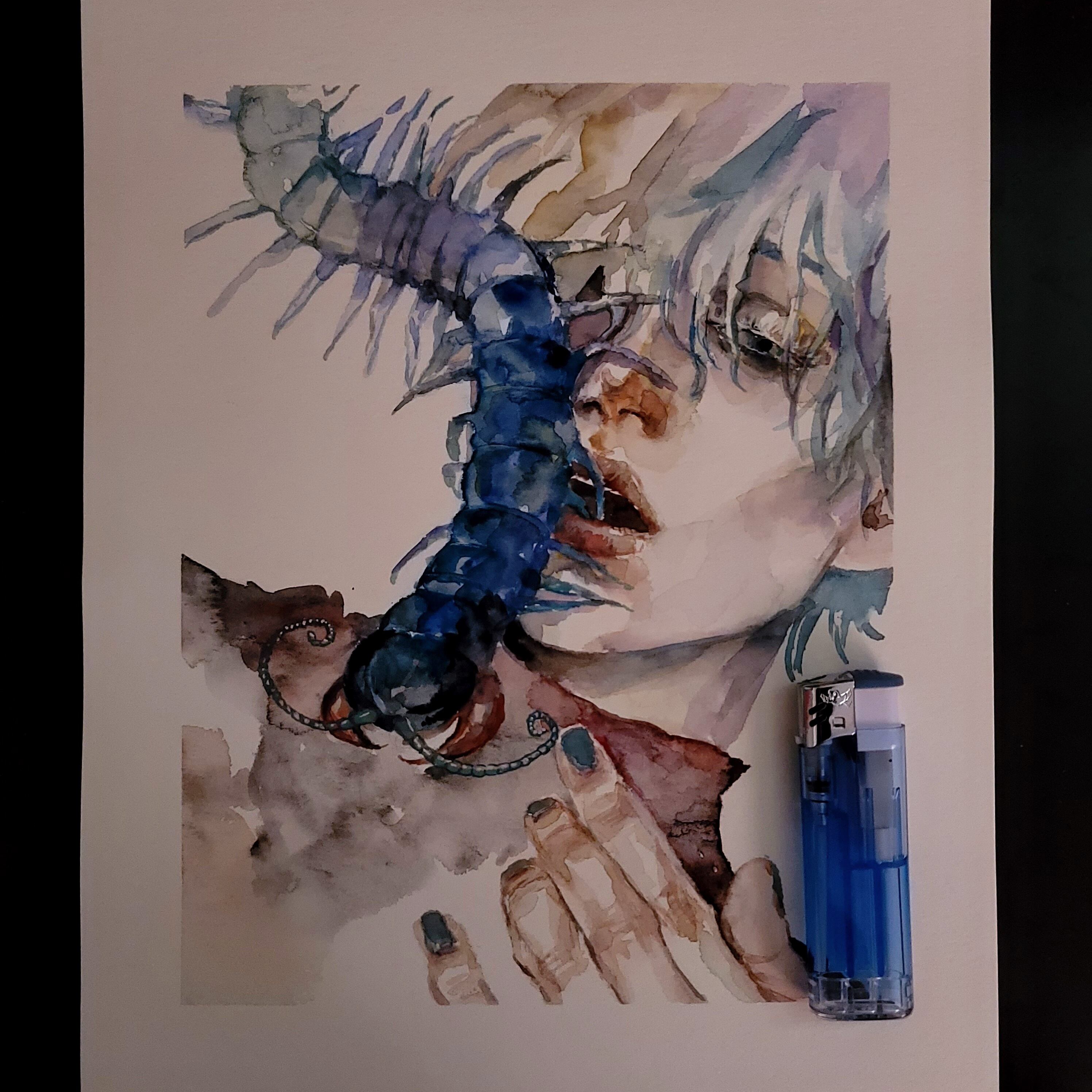 ムカデを這わせる 透明水彩 水彩イラスト Firerose