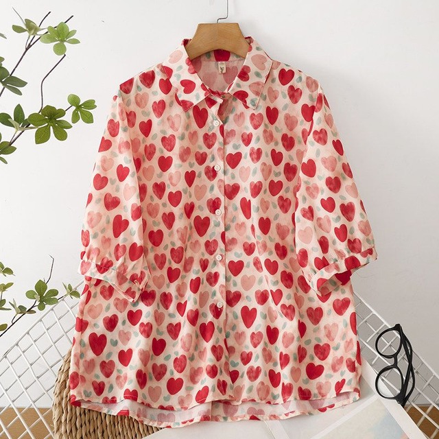 HEART PRINT TURN-DOWN COLLAR SHORT SLEEVE SHIRT M-17612