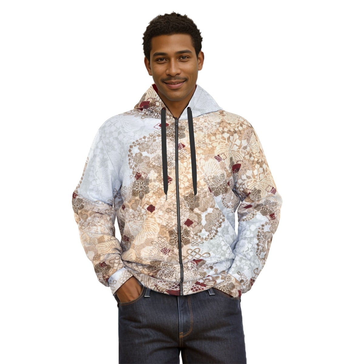 和紋様装飾 白金 ユニセックスジップアップパーカー 裏地付 | Baroque