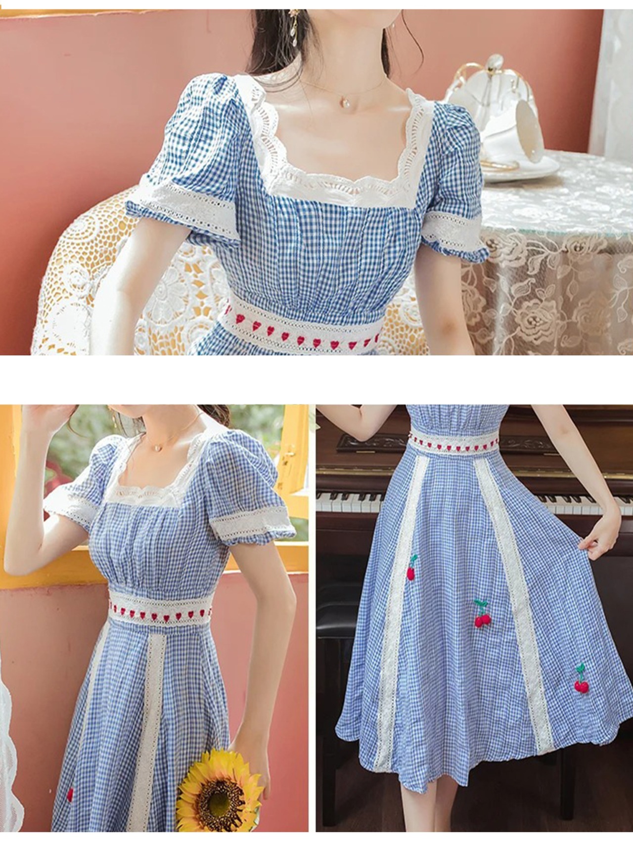 【0006】Retro Cherry Lace Short Sleeve Dress