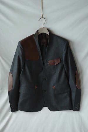 KHOKI 【Leather-patch No-collar Jacket  -Gray-】