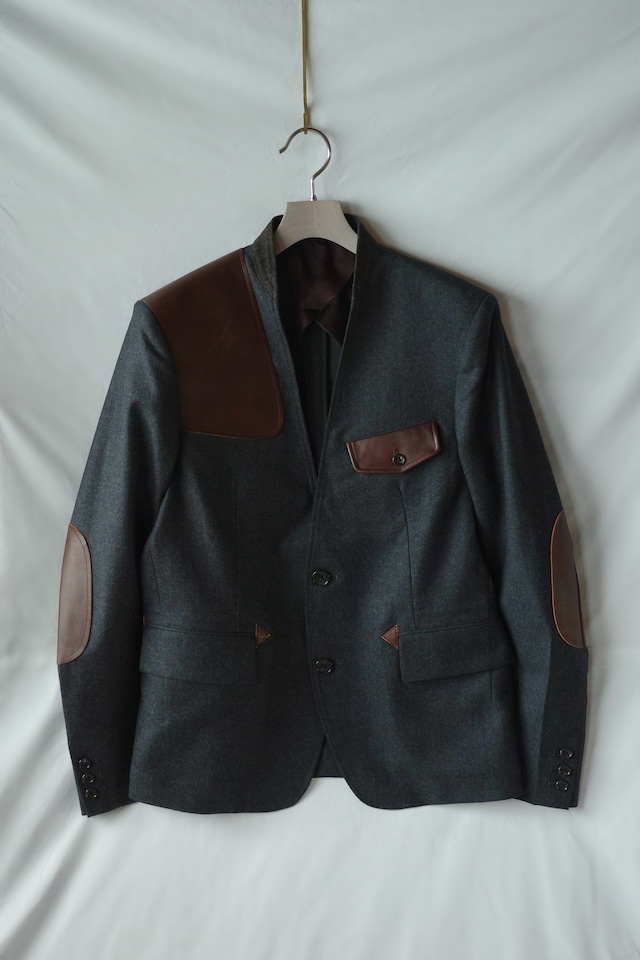 KHOKI 【Leather-patch No-collar Jacket  -Gray-】