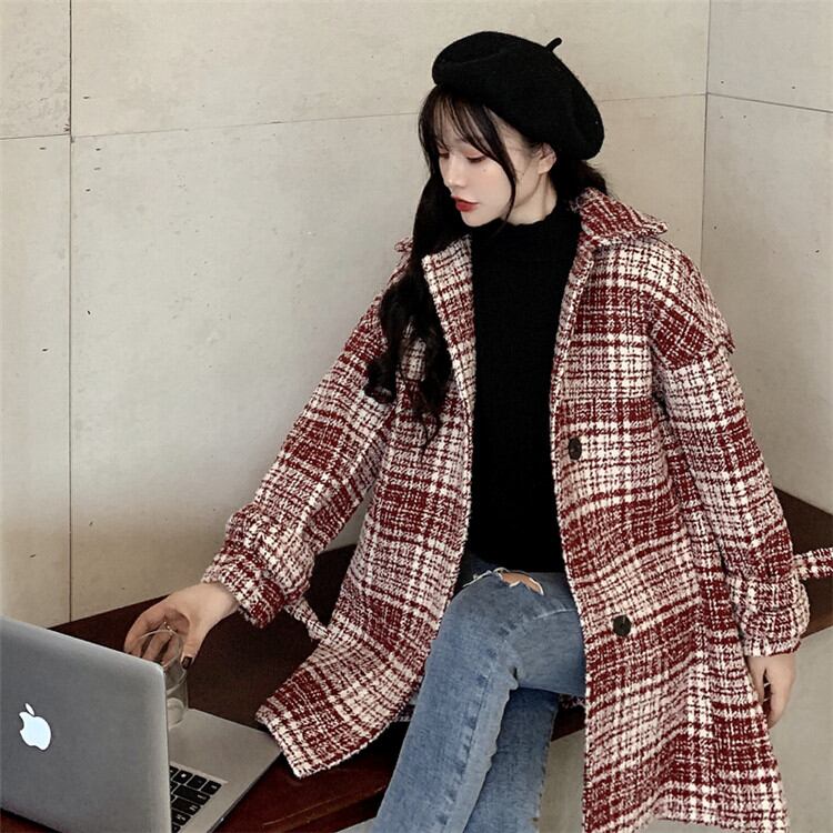 満場の注目を集めて登場する韓国ファッションゆったりする中・長セクション厚手コットンコートチェック柄