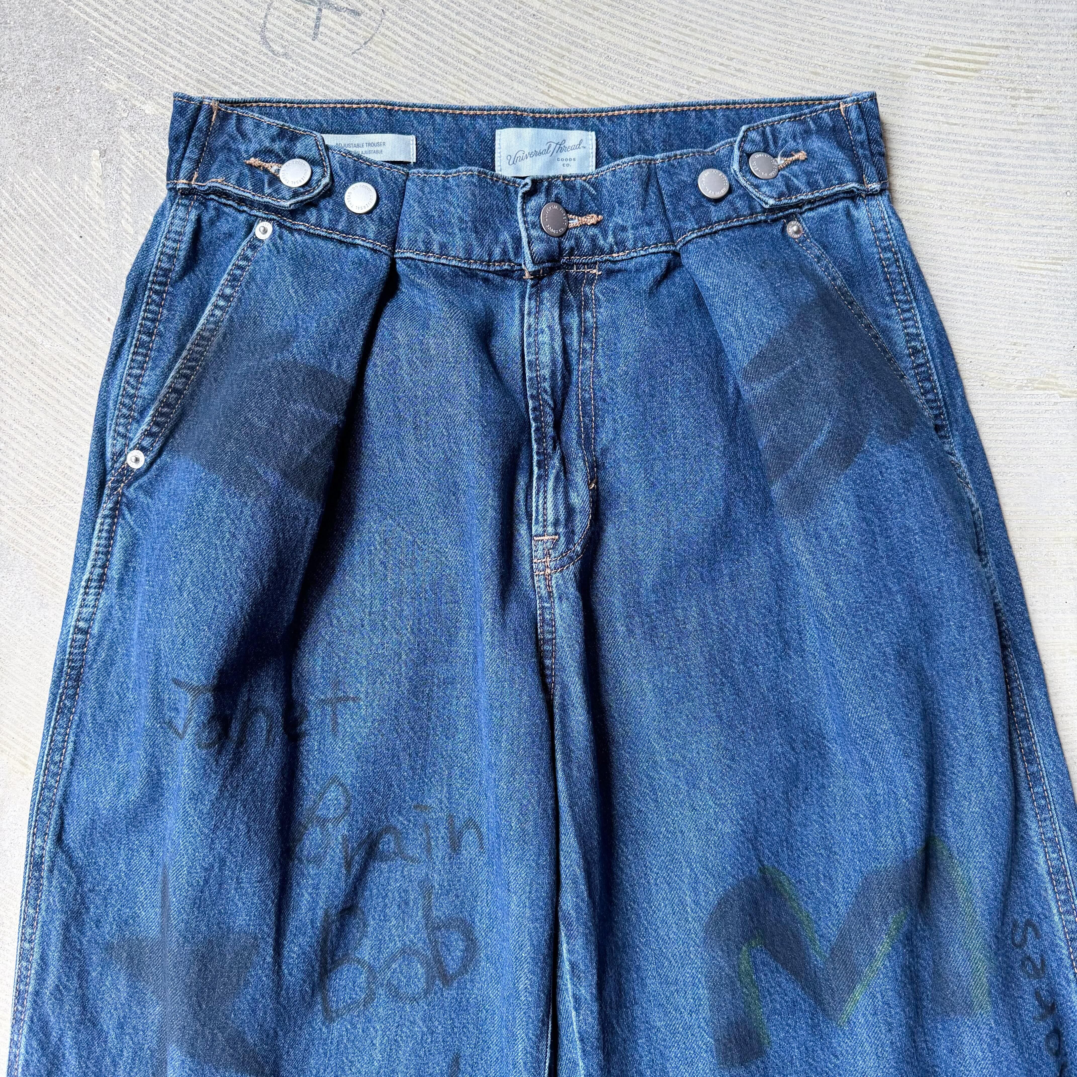 HAND PAINTED STENCIL MEMORIAL ART WIDE DENIM PANTS / ハンド