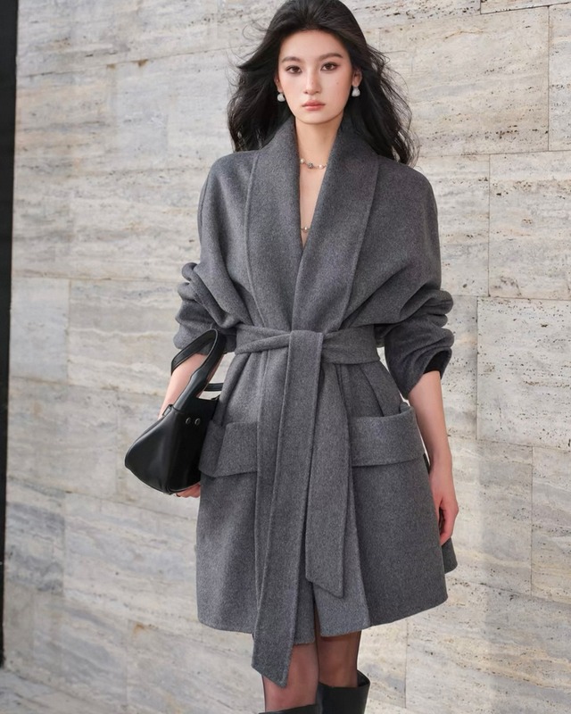 ベルト付き ウール ラップコート