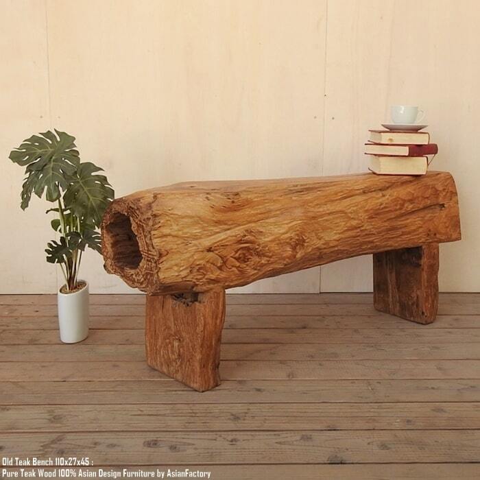 オールドチーク無垢材 極厚一枚板スツール 110cm ベンチ テーブル アジアン家具 椅子 銘木 チーク材 古木 古材 天然木 花台 飾り台 バリ家具 アンティーク