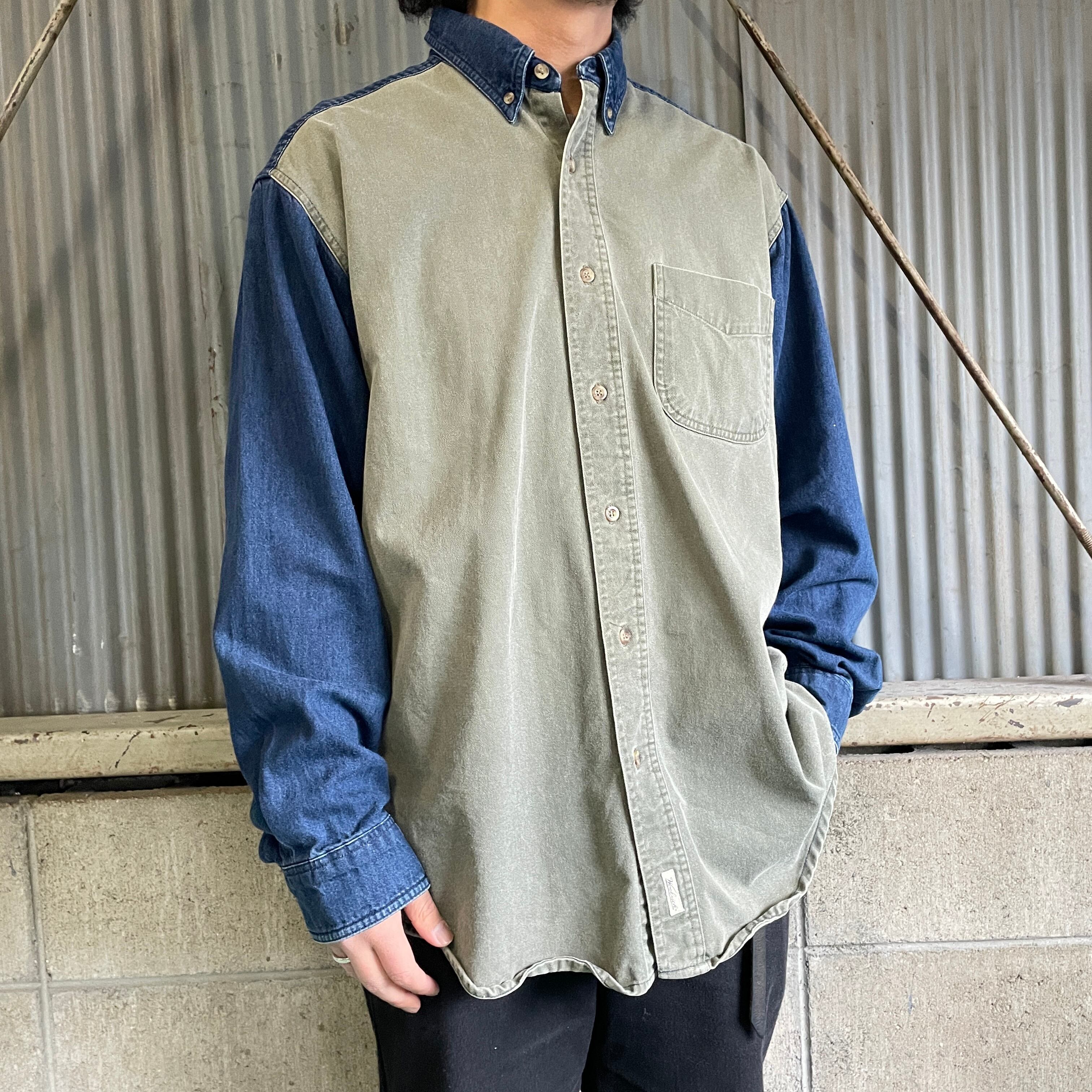 90年代 WOOLRICH ウールリッチ 切替 デニムシャツ メンズL 古着 ボタン 