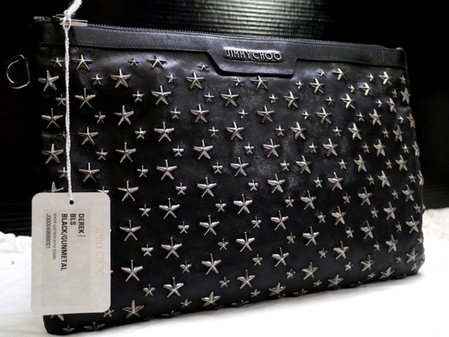 ★JIMMY CHOO ジミーチュウ DEREK デレク A4対応 マルチスタッズ クラッチ バッグ ドキュメントケース 黒★ 使い勝手の良い大きめサイズ♪