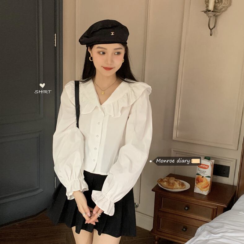 カラーシャツ オータムショートトップス ロング 大人ガーリー スウィート キュート カジュアル 秋物 モンロー85916682013