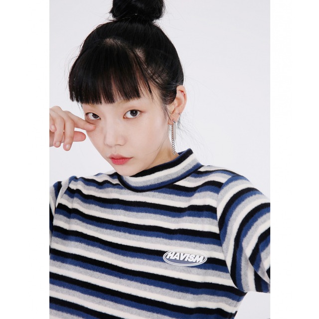 [HAVISM] PEACH STRIPE HALF NECK L/S TEE(BLUE) 正規品  韓国 ブランド T-シャツ