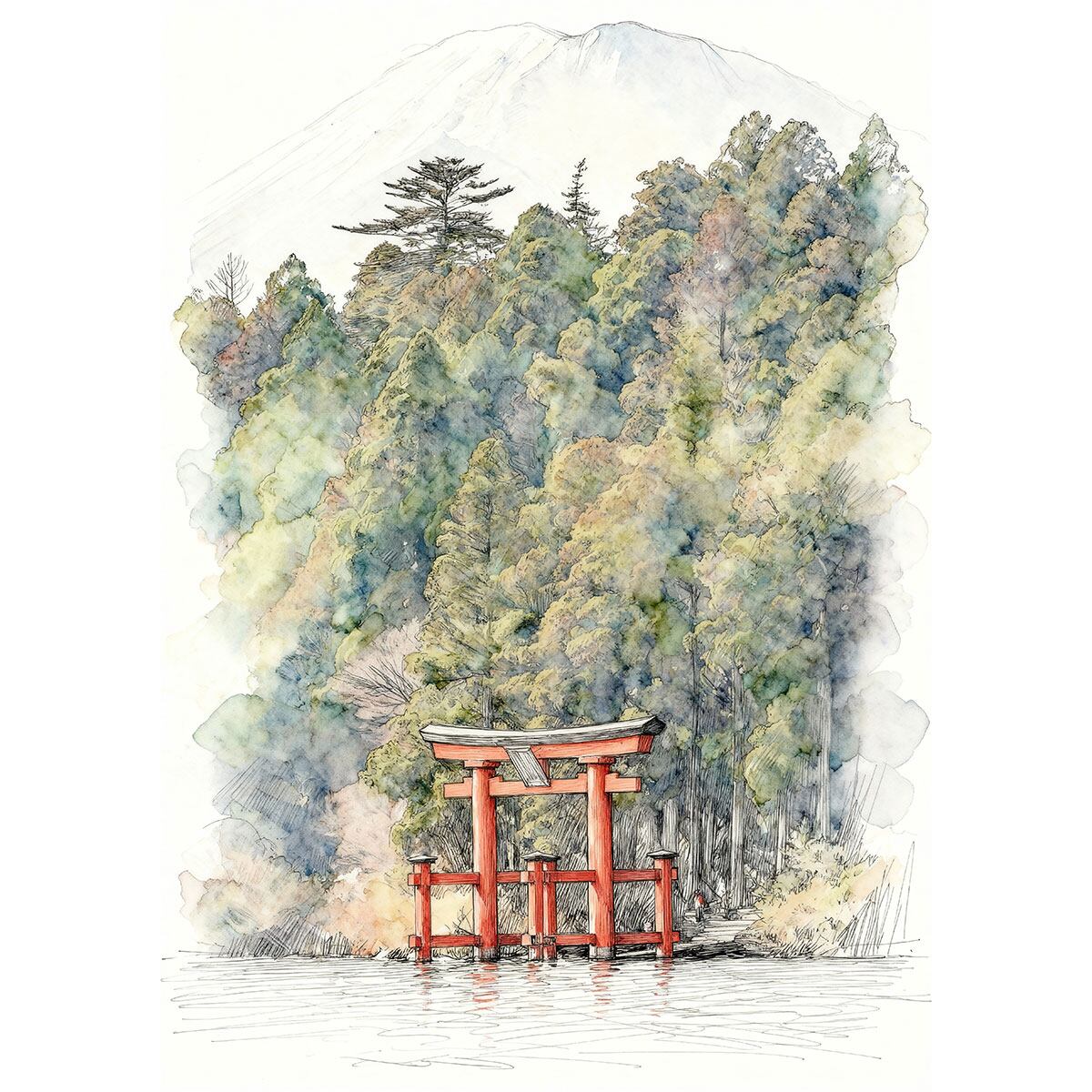 絵画(風景画) 日本 神奈川県 箱根神社 平和の鳥居 インテリアアート額付き 水彩画・油絵風 WAT0772