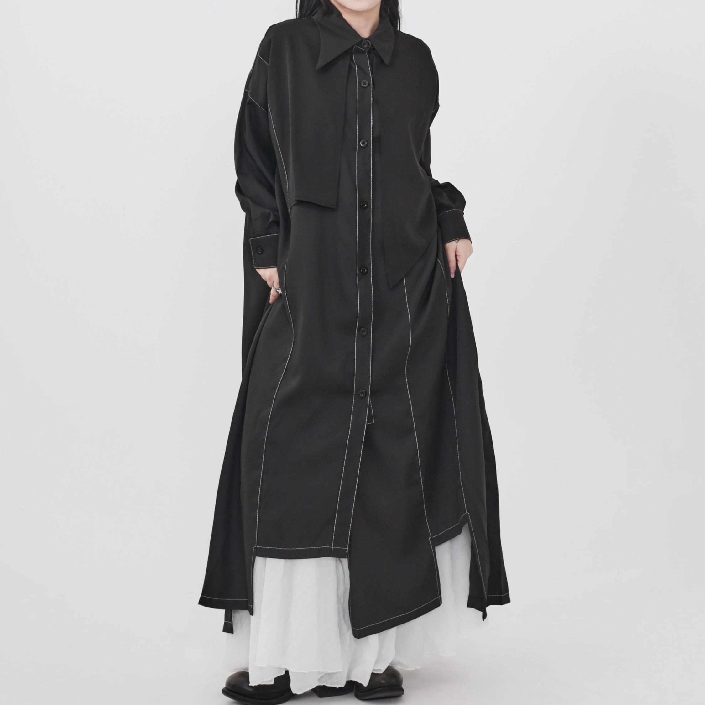 ロング丈 シャツカラー ステッチ入りトレンチコート 1color CO0189