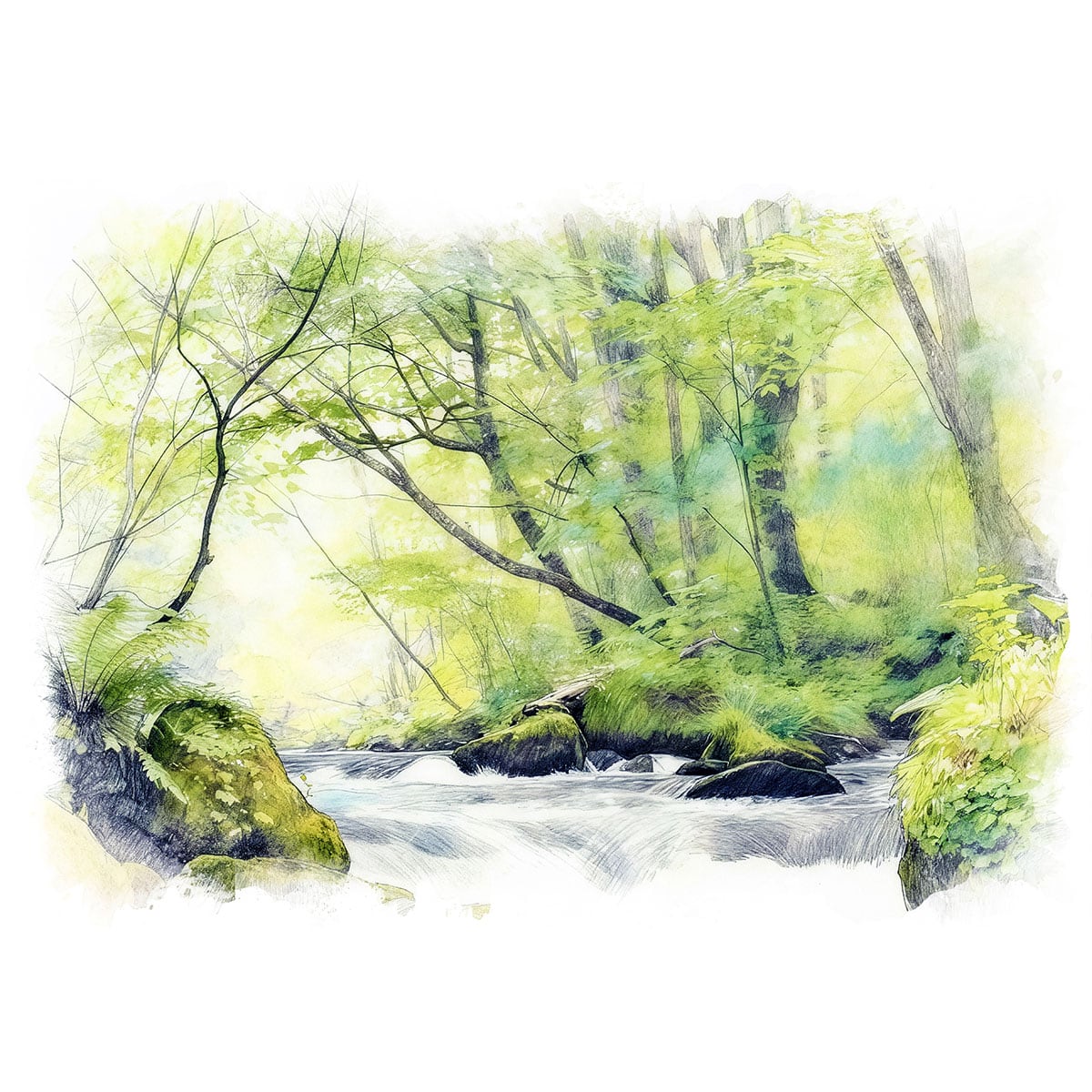 絵画(風景画) 日本 青森県 奥入瀬渓流 インテリアアート額付き 水彩画