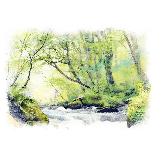 絵画(風景画) 日本 青森県 奥入瀬渓流 インテリアアート額付き 水彩画・油絵調 WAT1379