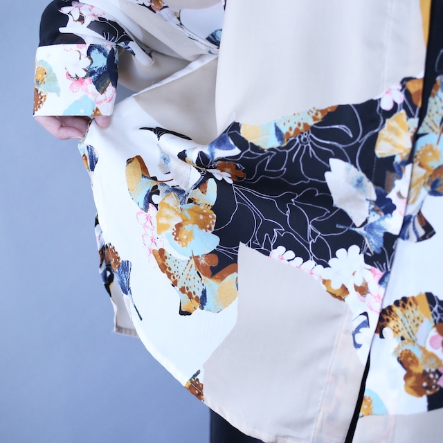 '"和" motif special flower art pattern fly-front see-through shirt