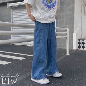 【韓国メンズファッション】デニム ワイドレッグジーンズ 無地 エラスティック ストレートGパン ゆったり カジュアル BW1697