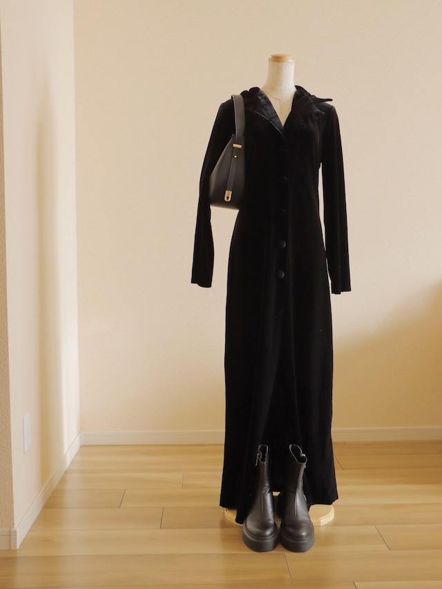●80s Black color velour stretch long shirt dress