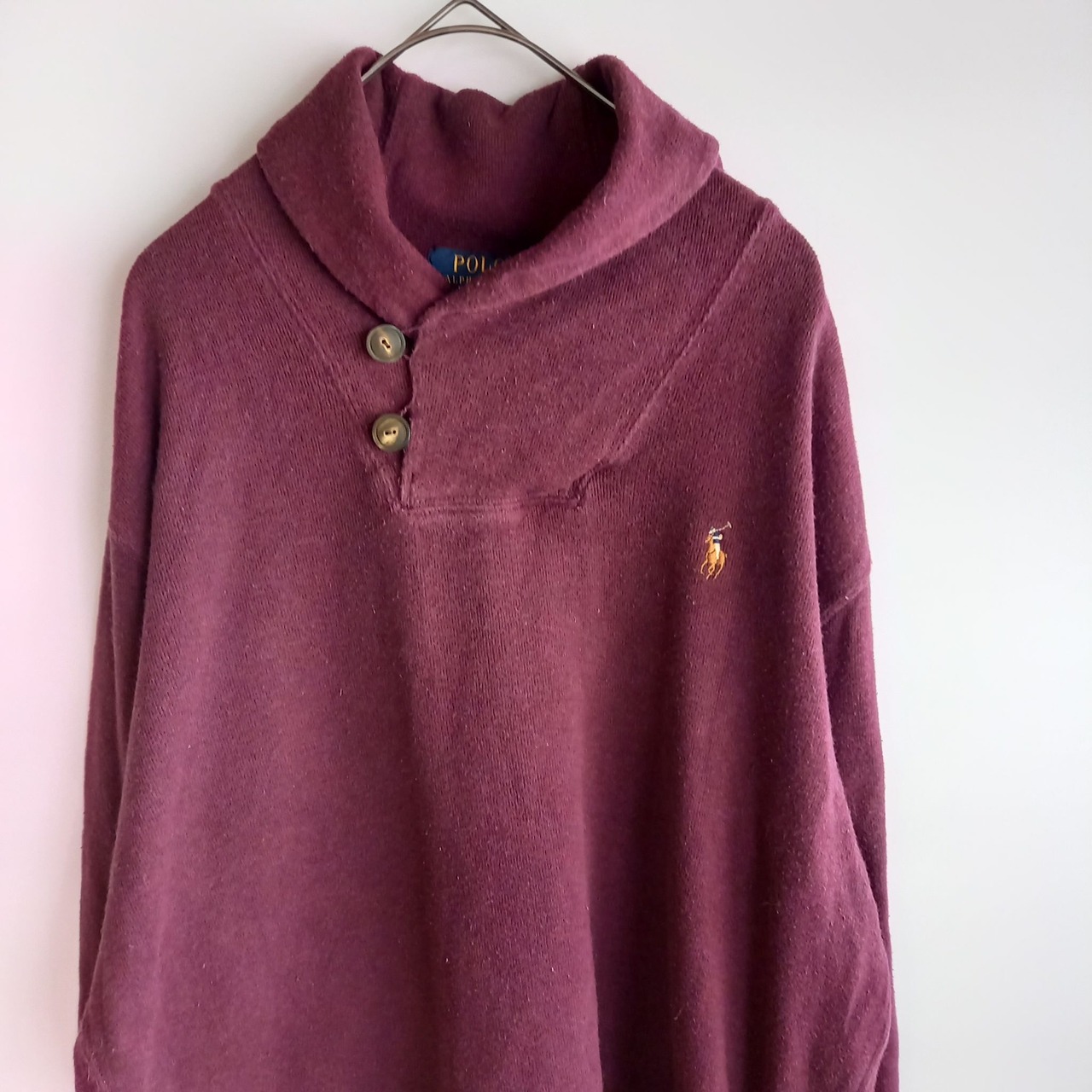 ポロラルフローレン　ショールカラー　セーター　カラーポニー　刺繍ロゴ　パープル　Ｍ