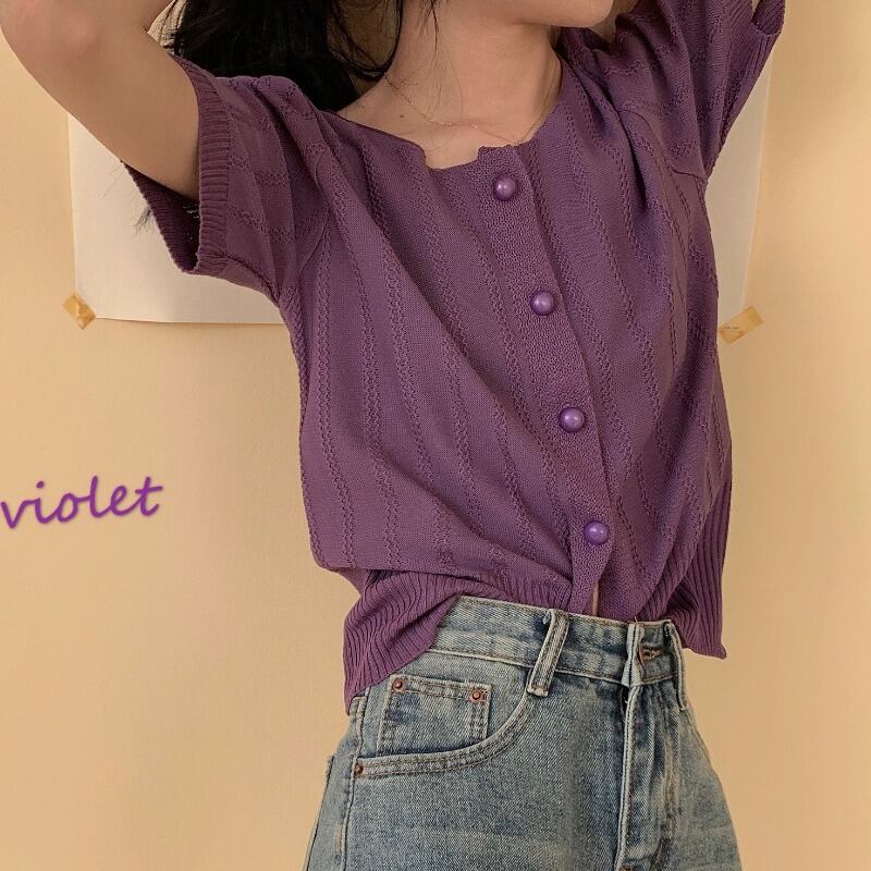 夏の新作パープルブラウスレディースワイルドシングルブレスト半袖ニットフレンチカーディガン学生ラウンドネック薄手のジャケット 1号婦人16318070314