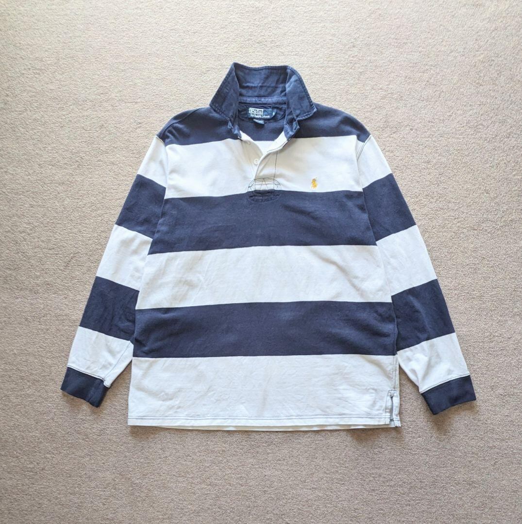 90s ポロバイラルフローレン ラガーシャツ 太ボーダー L 紺×白 黄ポニー 90s ポロバイラルフローレン ラガーシャツ 太ボーダー L 紺×白 黄