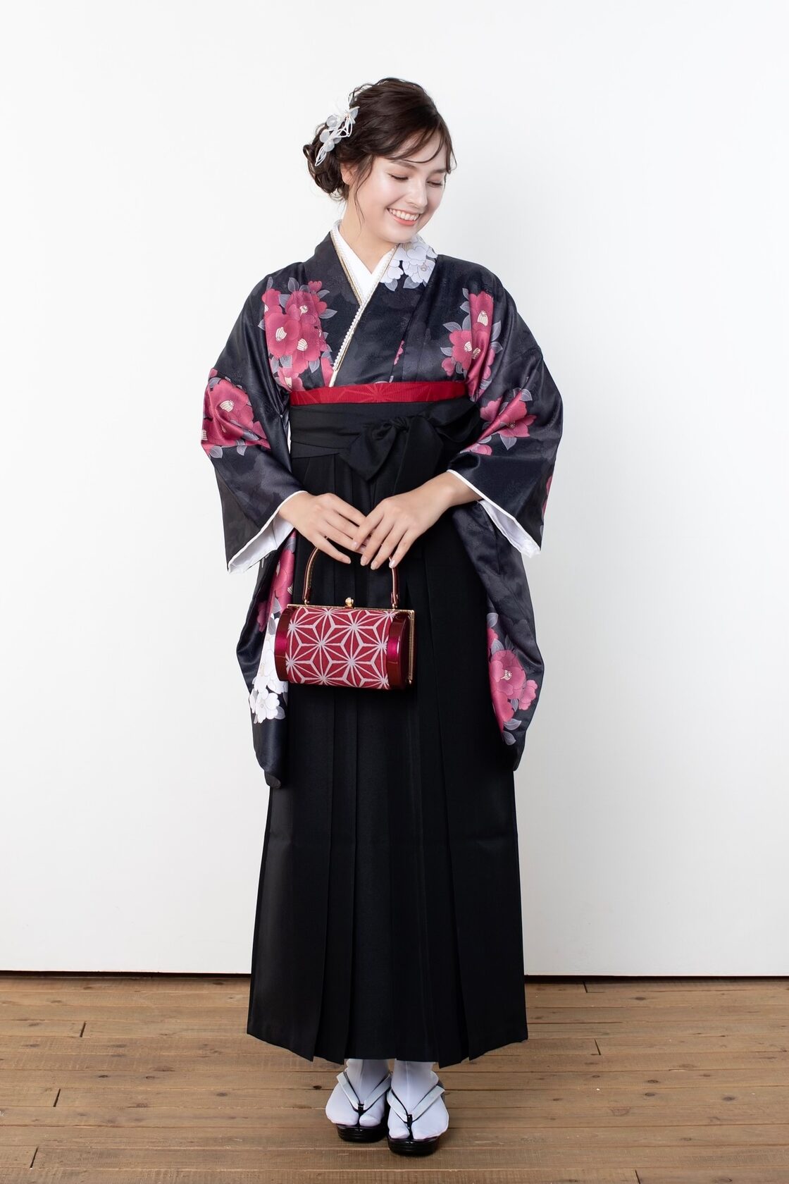 Kimono Sienne 卒業式袴3点セット 黒 赤 椿 袴 二尺袖着物 袴 卒業式 