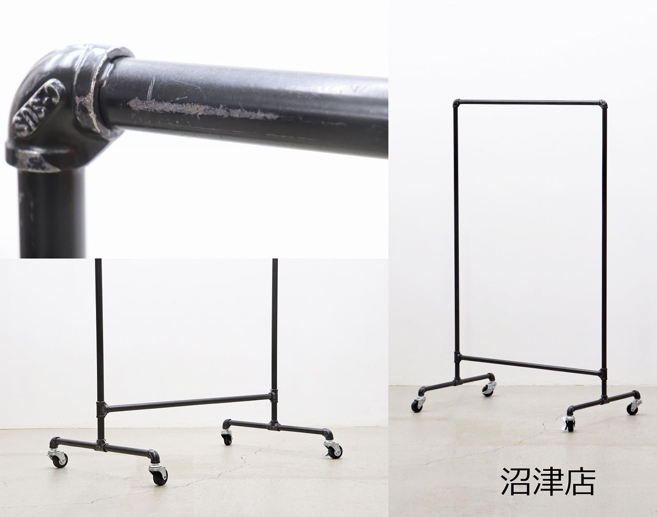 【沼津店】在庫2台 スチールパイプ アイアン キャスター付き ハンガーラック コートスタンド アイアン 黒 ブラック 水道管 1台 RBT03037