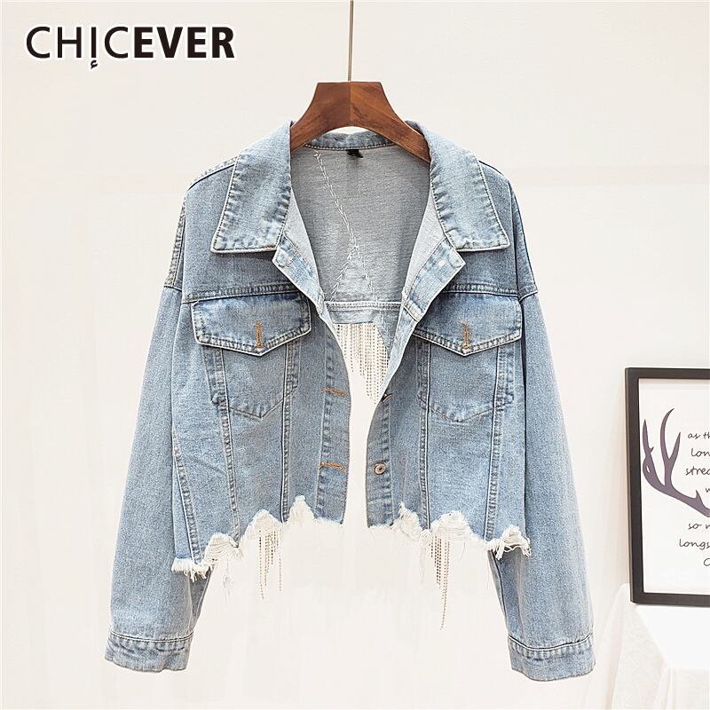 CHICEVERアシンメトリーコートレディースラペルカラー長袖スプリットテル擦り切れヴィンテージデニムコート2020Spring Tide ロング スプリング 春物 ビンテージ 6base577201235416