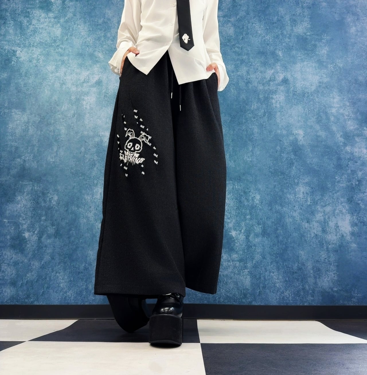 RABBIT SKULL HERRINGBONE WIDE PANTS -BLACK- | NIER CLOTHING