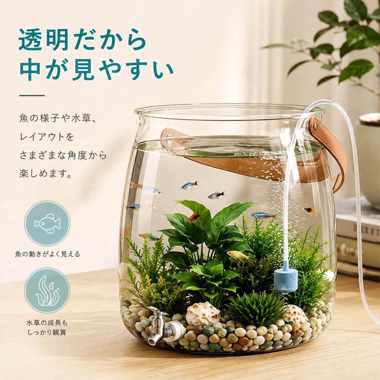 B63.排水口付き 卓上アクアリウム 水槽 小型水槽 透明 PET クリア 3.2L