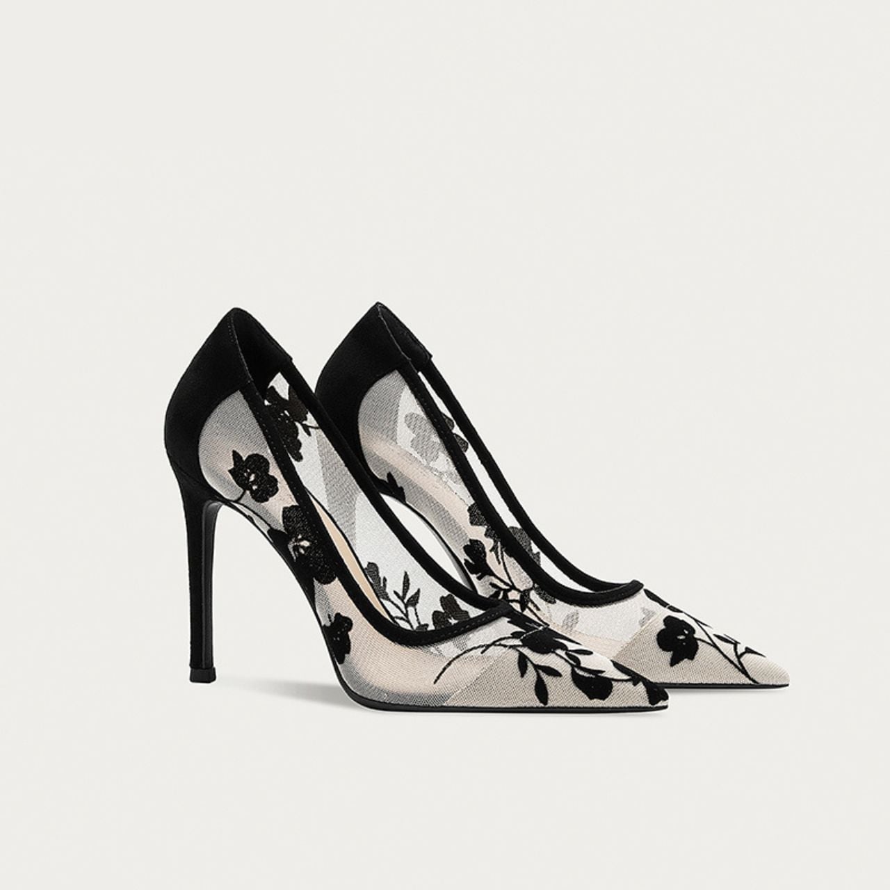 メッシュ切替フラワープリント スティレットヒールパンプス L00205