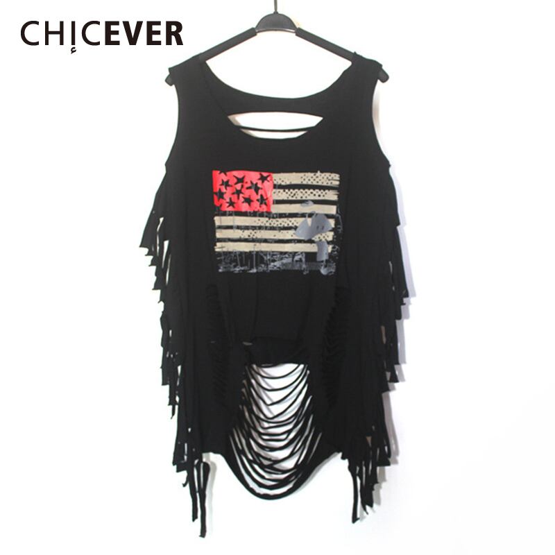 CHICEVER Tel Print Vest WomenOネックノースリーブホローアウトホールヴィンテージアシンメトリーストリートウェアベストタイド ビンテージ 6base527905905074