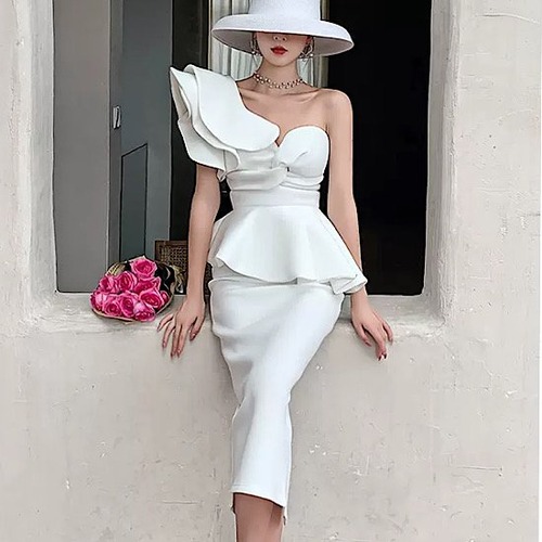 結婚式ドレス サテン 個性的 ワンショルダー フリル 清楚 発表会 演奏会 レディース 結婚式 ステージ衣装 ミモレ丈 エレガント ウエディングドレス カラードレス スリムフィット