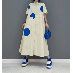 DOT HALF SLEEVES A-LINE LONG SHIRT DRESS 1color M-5035