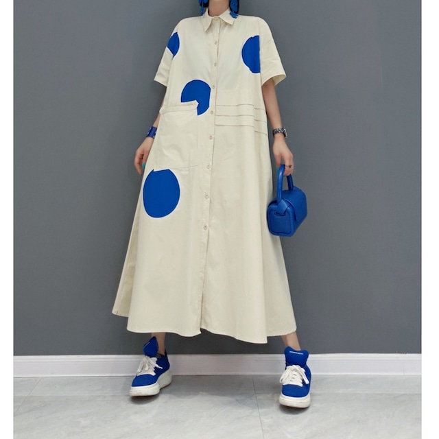 DOT HALF SLEEVES A-LINE LONG SHIRT DRESS 1color M-5035