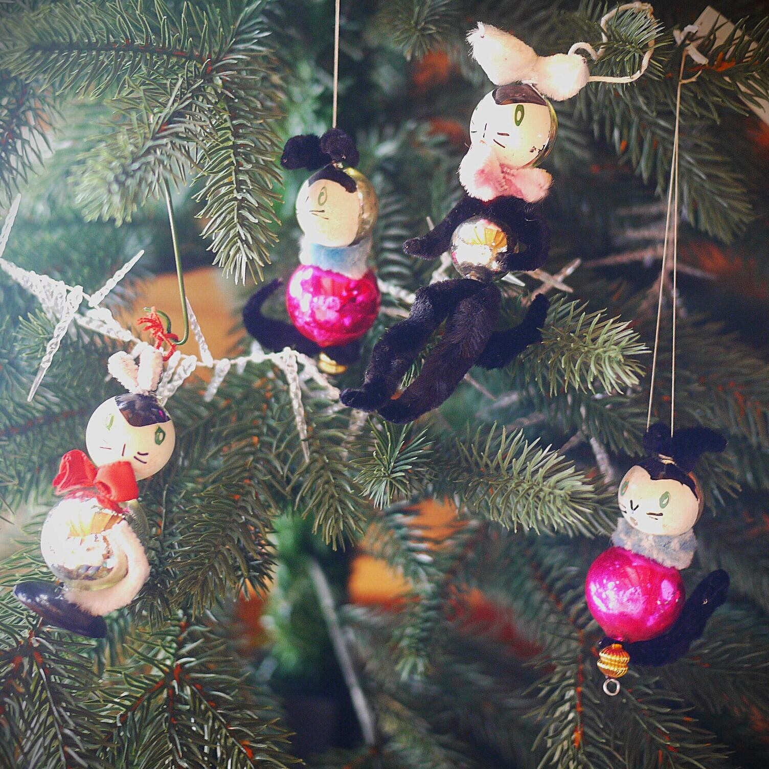 クリスマスオーナメント モール猫人形 吹きガラスビーズ チェコスロバキア