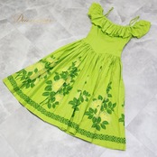 フラダンス 衣装 CC Fashions CCファッション ワンピース ドレス グリーン系 レフア柄 緑 黄 フリル フラ ダンス ダンス衣装 イベント ステージ ハワイアン アロハ かわいい 華やか おしゃれ 花 花柄 イエロー系