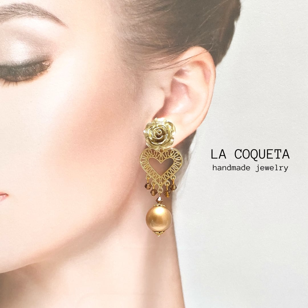ハート×薔薇のピアス/イヤリング（ゴールド） | La Coqueta | フラメンコアクセサリー　　　 powered by BASE