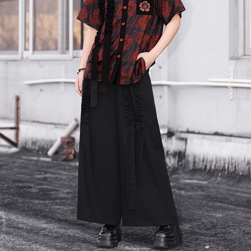 中華ゴシック ワイドパンツ 黒 ロングリボン袴風サブカルライブ参戦服