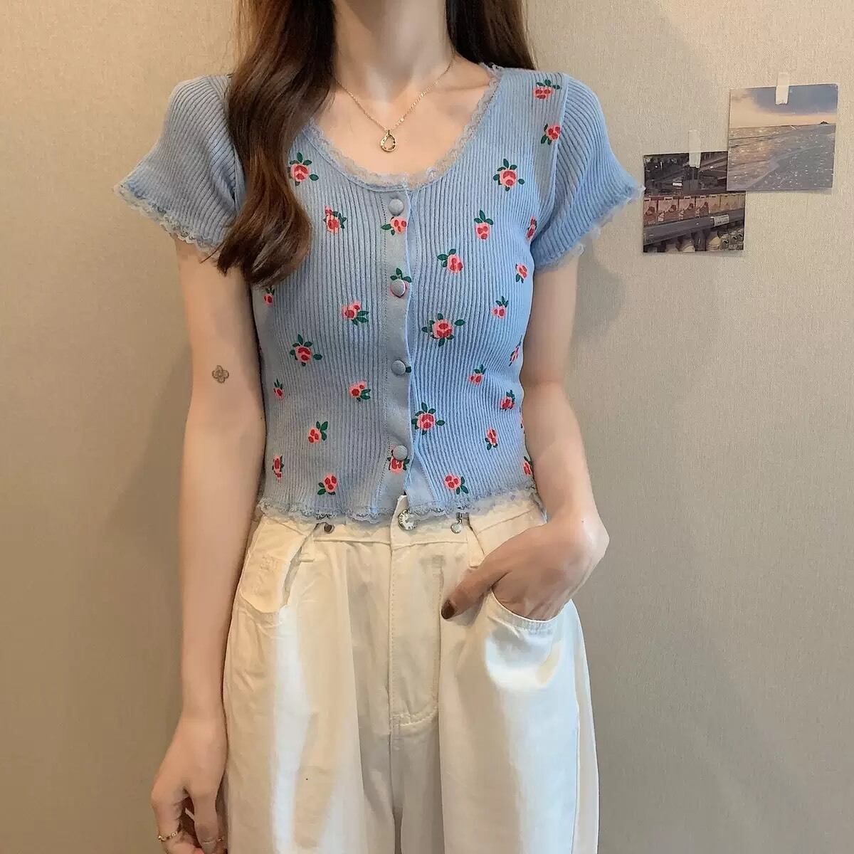 美品 Blu Breブルブレ グラフィック ボタン付きシャツ 半袖 ニット 2 6