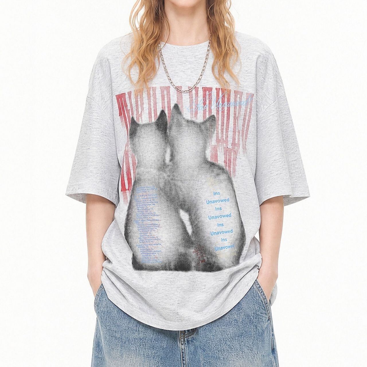 キャットモチーフヴィジュアルグラフィックTシャツ 2col R02314