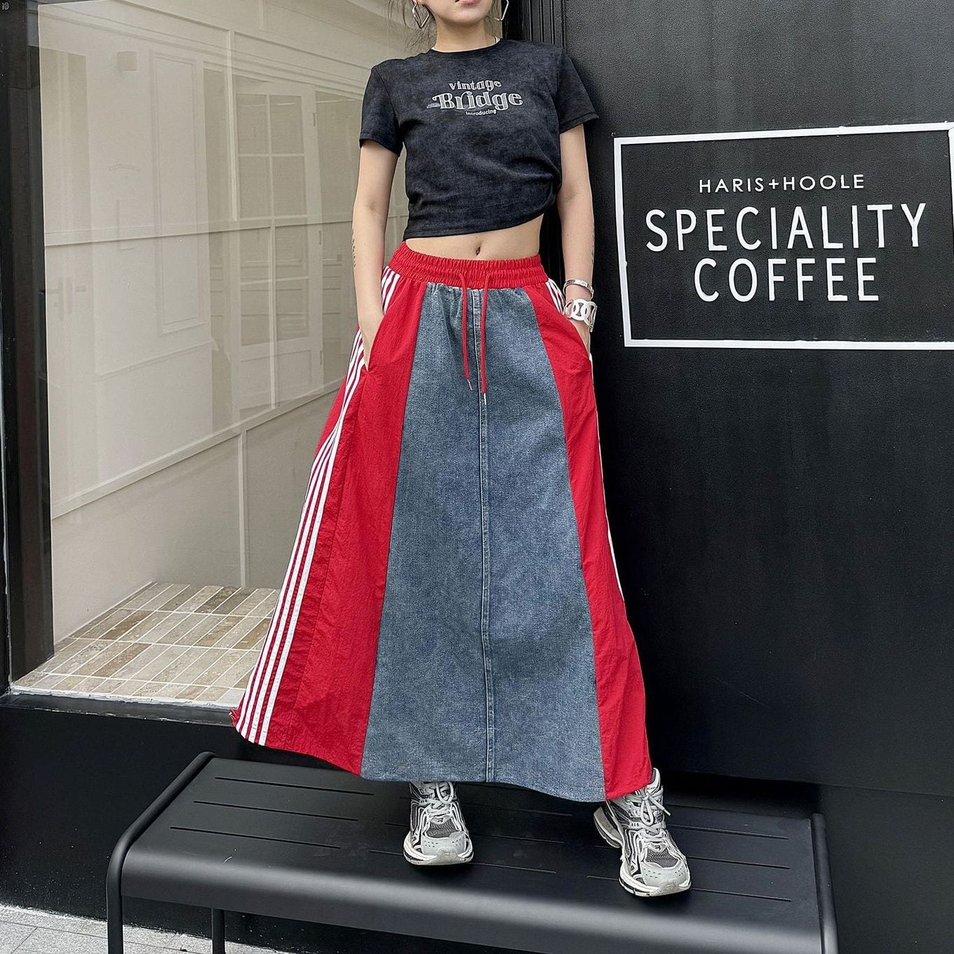 DENIM STITCH SIDE LINED A-LINE LONG CASUAL SKIRT 3colors M-9358