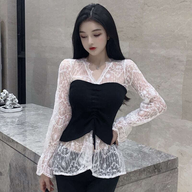 Vネックシャツ オータムスタイルスリーブレースニットギャザーブラウス レディース 秋物 ステッチ ハンチェンe12450489263