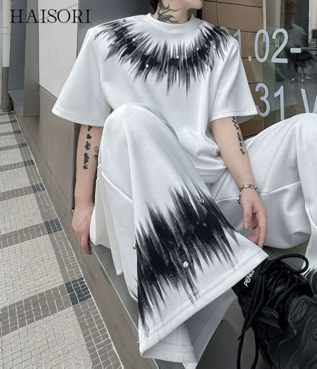 フェザーグラフィックプリント ビジュー装飾 半袖Tシャツ＆ワイドパンツ セットアップ