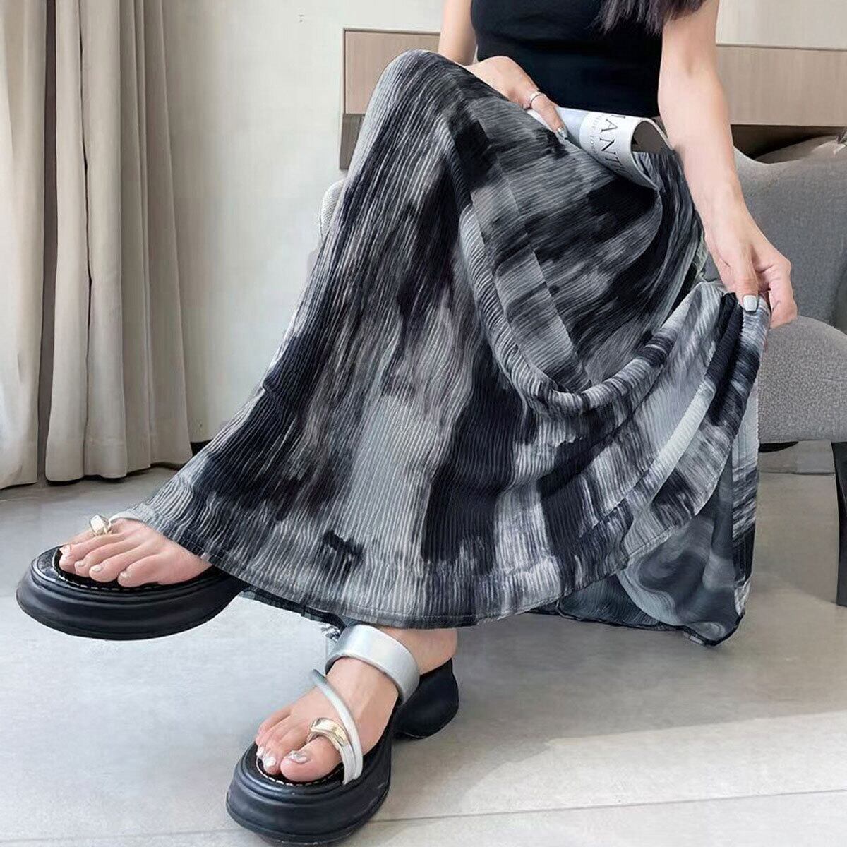 タイダイ柄 マキシスカート レディース 韓国 春夏 ロング スカート 大人 きれいめ かわいい おしゃれ ハイウエスト 体型カバー 軽やか Aライン ドレープ 大人可愛い 大人女子