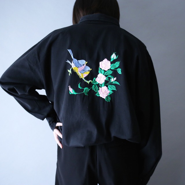 "刺繍" 鳥×花 front and back design black mode shirt