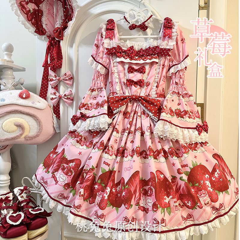 ロリータファッション 甘ロリ 夢かわいいいちご柄姫袖ワンピース