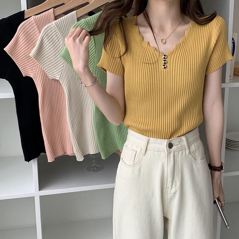 スリムTシャツ シャツ レディースサマースタイルボタンVネックブラウス ニット 夏物 YY-ファッション12198305120