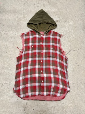 00s TEAM MESSAGE/Cut off Hooded Flannel Shirt/L/カットオフフ－ド付きネルシャツ/チェック柄/レッド/チ－ムメッセージ