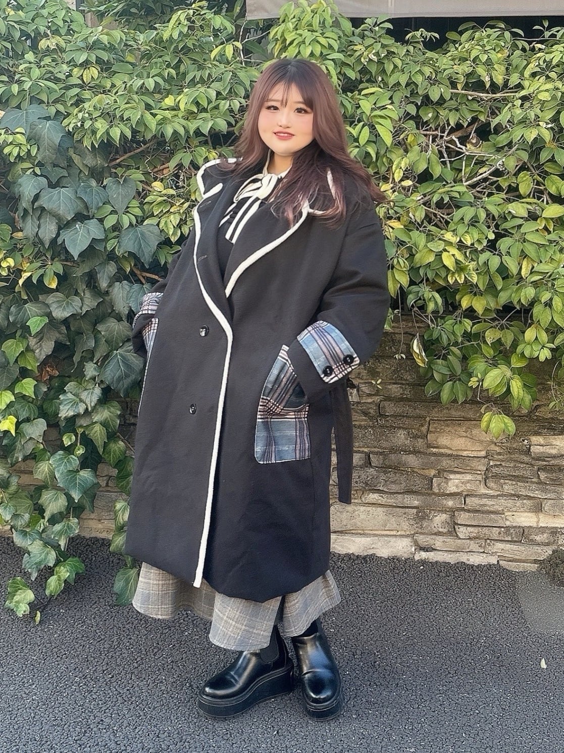 チェック柄ダブルブレストロングコート コート アウター チェック柄ダブルブレストロングコート レディース