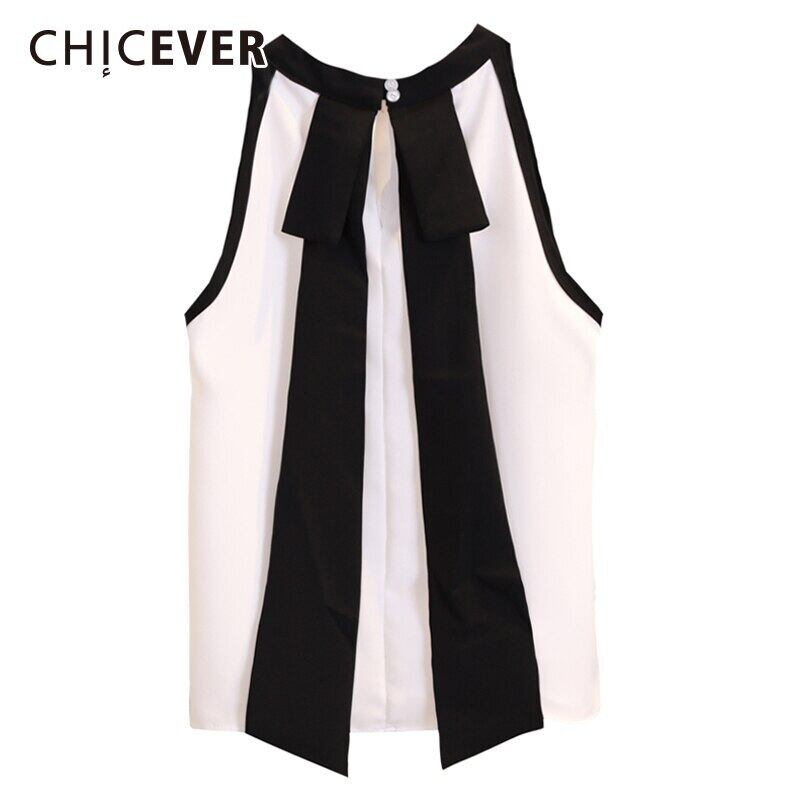 CHICEVERシフォンレディーストップスとブラウスシャツOネックノースリーブボウリボンホワイトブラウストップス夏服2020 サマー 夏物 6base52334956727